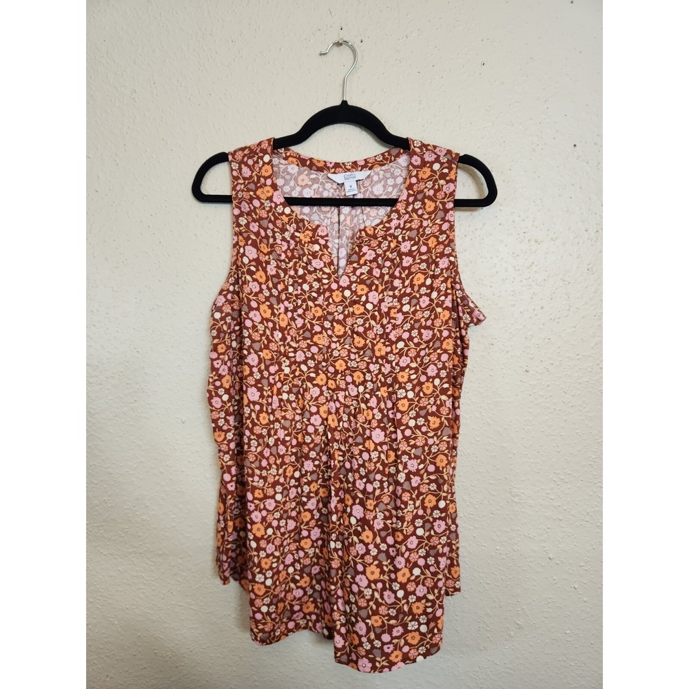 Croft & Barrow Womens M Multicolor Floral Sleeveless Blouse Pleated V-Neck Rayon